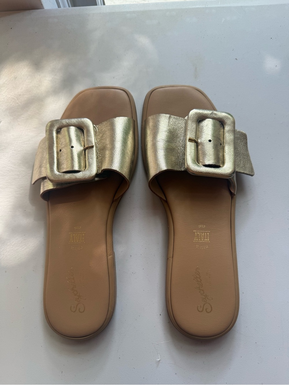 Seychelles Metallic Gold Buckle Slide Sandals